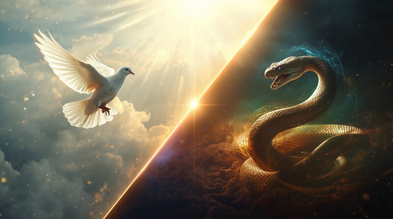 Kontrast holubice svetla a hada temnoty oddelených ostrou hranou, symbolizujúci rozlíšenie medzi Duchom Svätým a klamlivou duchovnou silou, pravdu verzus falošné duchovné prejavy