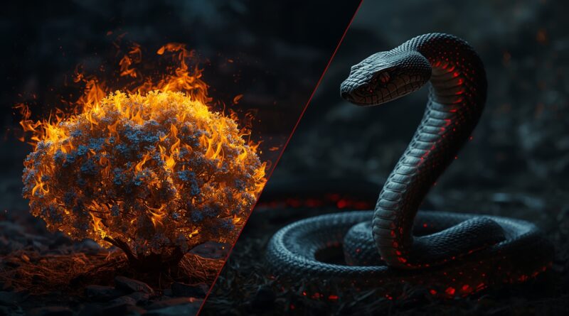 Kontrastný obraz horiaceho stromu a hada predstavujúci duchovný boj medzi Duchom Svätým a duchom Kundalini, symbol pravdy a klamu v náboženskom kontexte