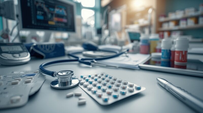 Lekárske prostredie s liekmi a zdravotníckymi pomôckami ako symbol etických otázok antikoncepcie, sexuality a zodpovednosti v kresťanskej medicíne