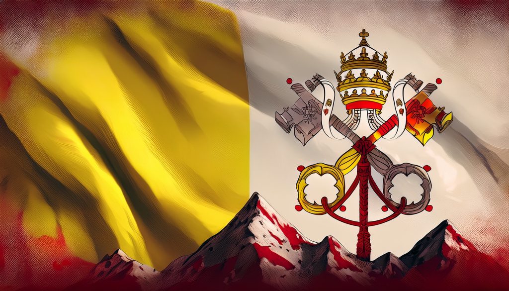 Vlajka so symbolmi katolíckej cirkvi a vrcholy hôr, symbolizujúca hnutie New Apostolic Reformation (NAR) a jeho ideológiu mandátu siedmich hôr.
