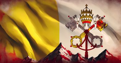 Vlajka so symbolmi katolíckej cirkvi a vrcholy hôr, symbolizujúca hnutie New Apostolic Reformation (NAR) a jeho ideológiu mandátu siedmich hôr.