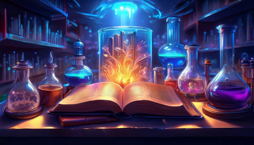 Ilustrácia Biblie v laboratóriu, symbolizujúca spojenie viery v stvorenie a vedecké štúdium.