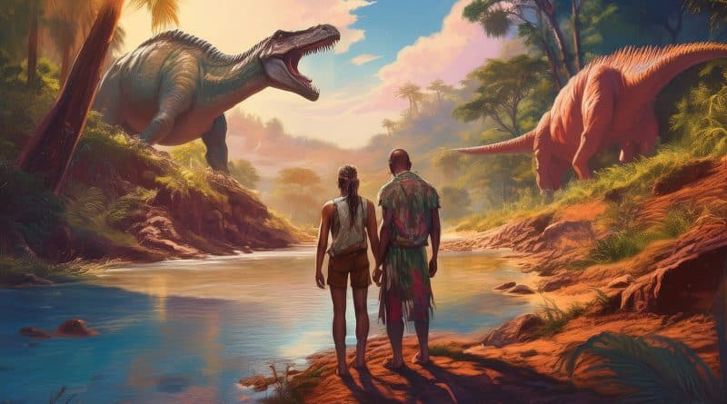 Ľudia stojaci pri rieke s dinosaurami na druhej strane, čo symbolizuje predstavu o separácii ľudí a dinosaurov v rôznych biotopoch.