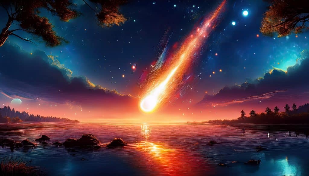 Meteor padajúci na Zem, symbolizujúci teóriu o pôvode vody na našej planéte z vesmíru.