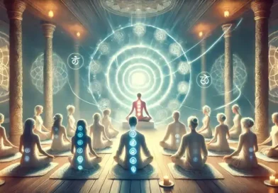 Scéna z obradov Kundalini v pokojnom duchovnom prostredí, kde skupina ľudí sedí v meditatívnom kruhu, pričom ich telá vyžarujú energetické symboly.