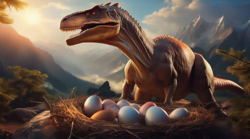 Dinosaur s veľkými vajcami v hniezde na pozadí hôr, symbolizujúci spojenie medzi dinosaurami a Noemovou archou.