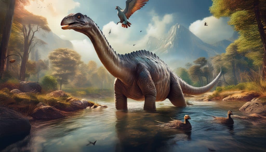 Dinosaur s vtákom nad ním a dvoma kačkami v rieke, symbolizujúci nálezy fosílií moderných vtákov spolu s dinosaurami.