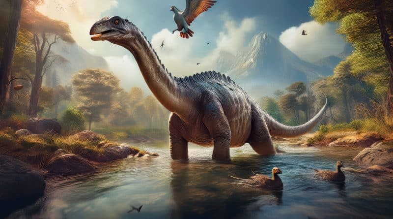 Dinosaur s vtákom nad ním a dvoma kačkami v rieke, symbolizujúci nálezy fosílií moderných vtákov spolu s dinosaurami.