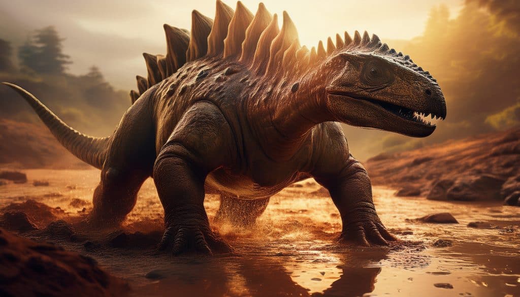 Stegosaurus kráčajúci cez blato, zobrazuje dinosaurie stopy zachované v prírode.