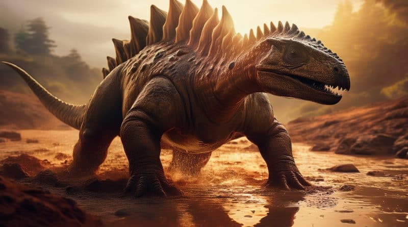 Stegosaurus kráčajúci cez blato, zobrazuje dinosaurie stopy zachované v prírode.