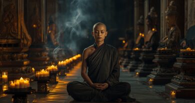 Budhistická mníška sediaca v chráme pri sviečkach, zahĺbená do meditácie, v momente vnútorného duchovného zápasu medzi budhizmom a Božím volaním ku Kristovi