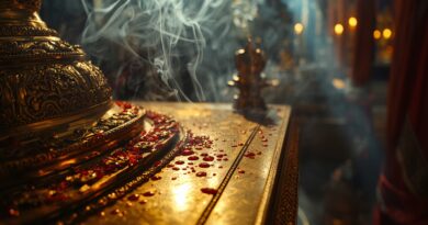 Chrámový oltár s kadidlom a krvou obetí symbolizujúci starozákonné obetné rituály a očistenie od hriechu.