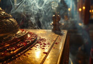 Chrámový oltár s kadidlom a krvou obetí symbolizujúci starozákonné obetné rituály a očistenie od hriechu.