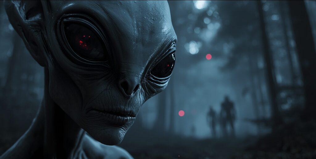 temná bytosť pripomínajúca mimozemšťana v lese symbolizujúca duchovný pôvod fenoménu UFO a únosy ľudí