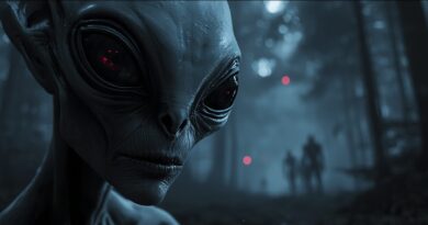 temná bytosť pripomínajúca mimozemšťana v lese symbolizujúca duchovný pôvod fenoménu UFO a únosy ľudí