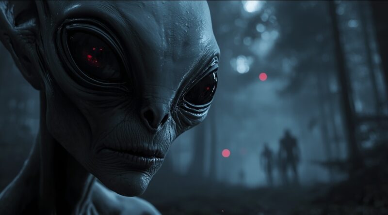 temná bytosť pripomínajúca mimozemšťana v lese symbolizujúca duchovný pôvod fenoménu UFO a únosy ľudí