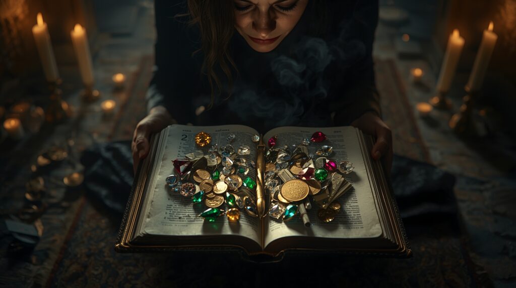 Otvorená Biblia položená na stole, na jej stránkach ležia mince, drahokamy a šperky, symbolizujúce zneužitie Písma a premieňanie viery na prostriedok k bohatstvu v evanjeliu prosperity