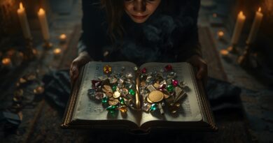 Otvorená Biblia položená na stole, na jej stránkach ležia mince, drahokamy a šperky, symbolizujúce zneužitie Písma a premieňanie viery na prostriedok k bohatstvu v evanjeliu prosperity