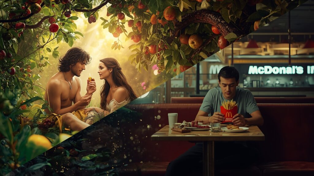 Kontrast medzi prirodzenou rastlinnou stravou a moderným fast foodom, symbol voľby životného štýlu a zdravia