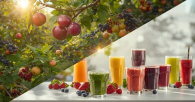 Diagonal split cinematic composition, realistic, 16:9 aspect ratio. The image is gently divided diagonally from top left to bottom right. On the left side, a lush, vibrant orchard filled with diverse fruit trees in full season: apple, pear, cherry and plum trees heavy with ripe fruit, branches layered with color and texture. In the foreground and lower layers grow currants, blueberries and strawberries, fresh and vivid among green leaves and rich soil. Sunlight filters through foliage, creating warm highlights and deep natural shadows, colors bursting with life—emerald greens, ruby reds, deep blues and golden tones. A subtle supernatural element is present: a soft, warm luminous glow drifting among the fruit and leaves, with delicate shimmering particles suggesting vitality and life without fantasy exaggeration. On the right side, a modern, clean setting displays an array of smoothies in different glasses: tall and rounded cups filled with vibrant blends—green, purple, pink, orange and yellow—set on a bright surface, condensation visible, fresh and inviting. Light reflects naturally through the glass, enhancing rich colors and textures. The diagonal transition blends organically, symbolizing continuity from natural fruit to processed drinks. Atmosphere lively, fresh and contemplative, documentary-style realism with symbolic depth, authentic details and cinematic clarity, vivid colors throughout the scene.