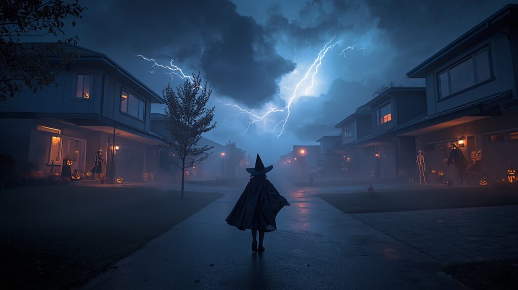 temná ulica počas Halloweenu s dieťaťom v kostýme a búrkou symbolizujúcou duchovné pozadie sviatku
