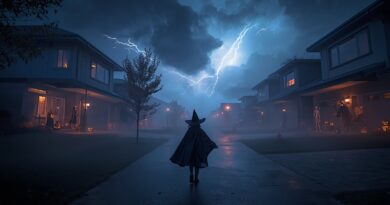 temná ulica počas Halloweenu s dieťaťom v kostýme a búrkou symbolizujúcou duchovné pozadie sviatku