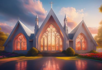 Kostol v zlatom svetle s vitrážami a krížom, symbolizujúci vieru, nádej a duchovné dedičstvo Cirkvi adventistov siedmeho dňa