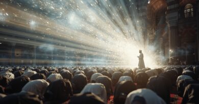 Moslimi v modlitbe v mešite, osvetlení silným svetlom, symbol duchovných snov a zjavení Ježiša Krista uprostred islamského sveta