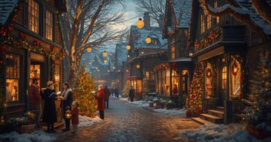 13 vianočných zvykov a ich pôvod znázornený tradičnou vianočnou ulicou s ozdobami, stromčekmi, koledami a symbolikou sviatkov