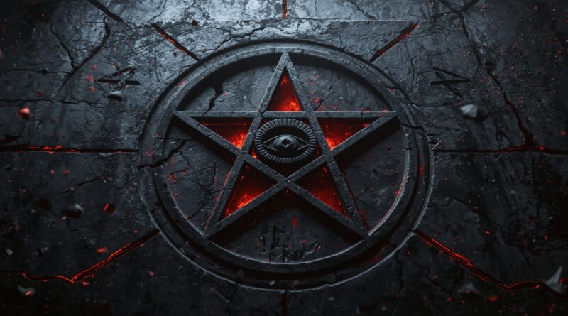 Pentagram s okom v strede vytesaný do prasknutého kameňa so žeravými červenými prasklinami, symbol okultizmu a skrytého duchovného vplyvu